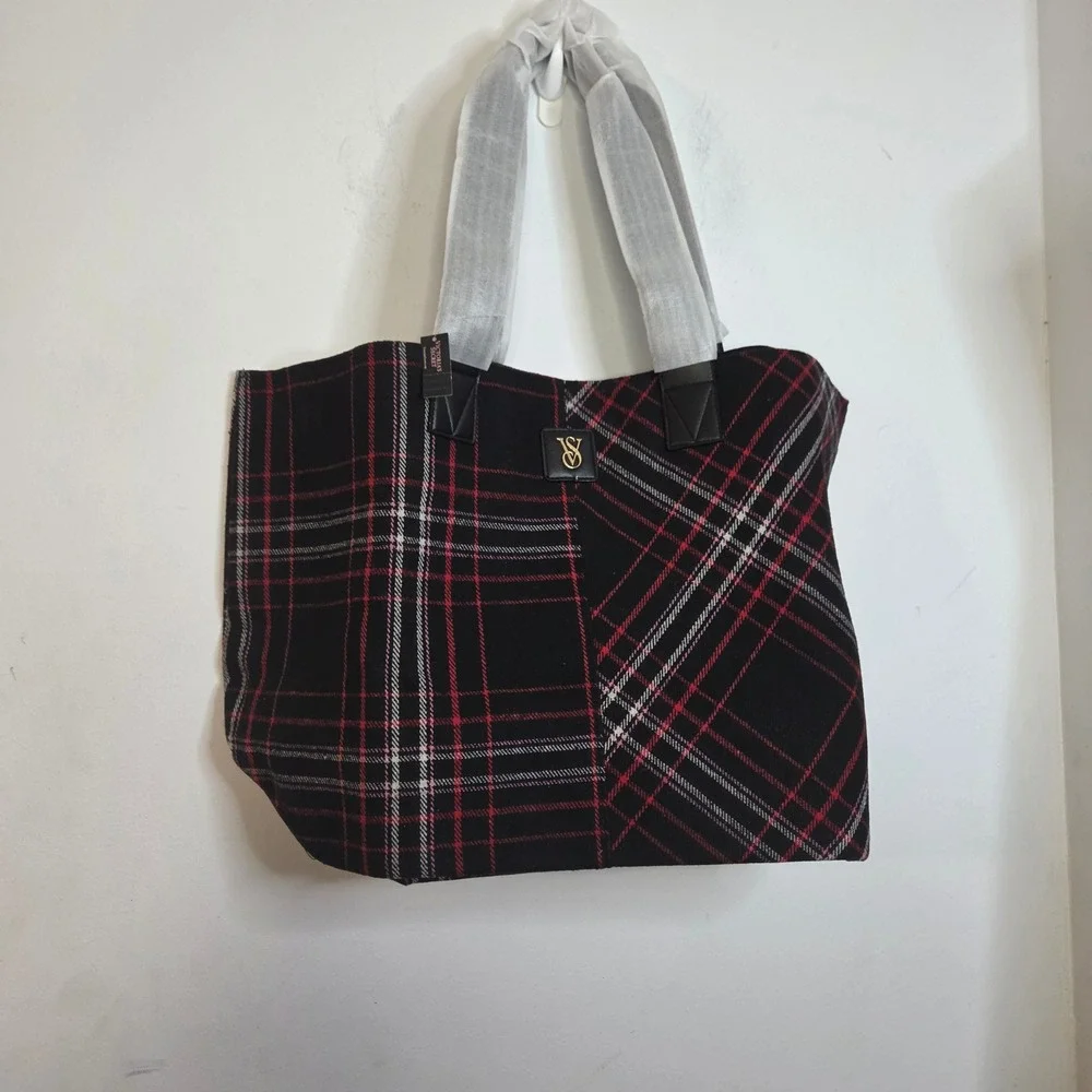 Victorias Secret Mixed Plaid Tote Bag Black Red White Holiday Oversized Shopper